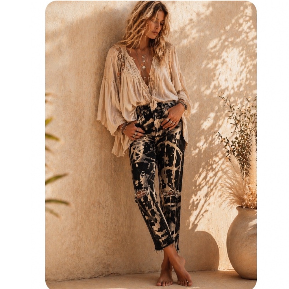 Free People Bleach Splatter Distressed‎ Skinny Jeans Black WOMEN 28